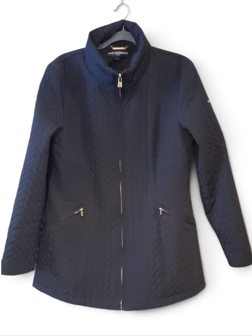 Karl Lagerfeld Paris Zip Front Quilted Coat In Black Size L